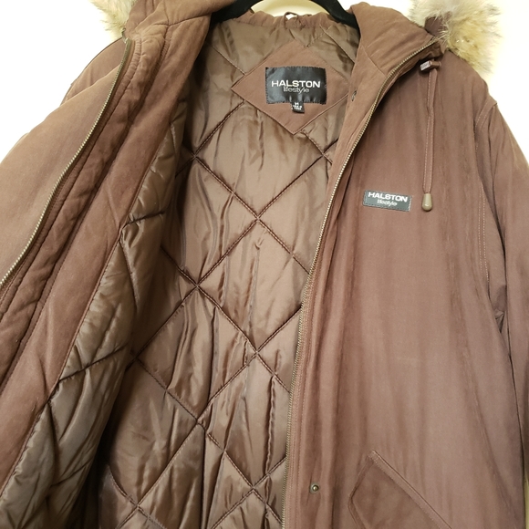 Halston Brown Coyote Fur Hood Zip Up Winter Coat - Picture 3 of 14